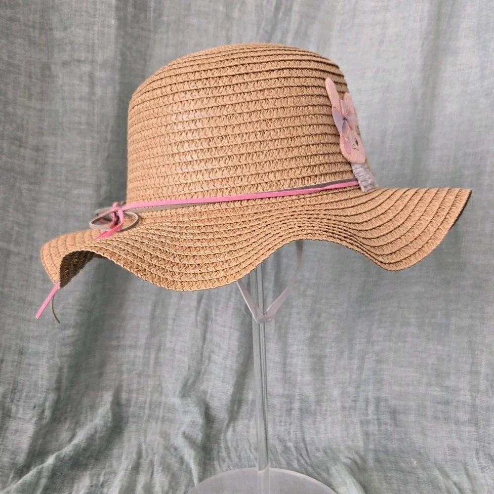 Girl's Tan Straw Floppy Brim Sun Hat Easter Spring Light Airy Chin Strap‎